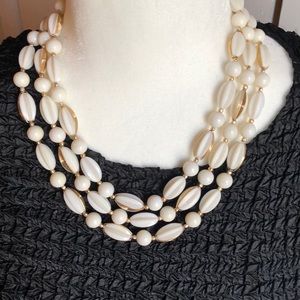 Vintage white beaded 3 strand necklace gold accents Hong Kong